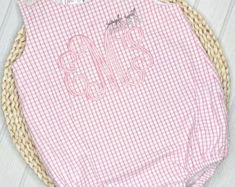 Pink Windowpane Bubble | Personalized Baby Girl Romper | Classic Baby Shower Gift |Grandmillennial Monogram
