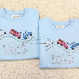 Emergency Vehicles Fire Truck Police Ambulance Monogrammed Embroidery T-shirt/Bubble/Romper