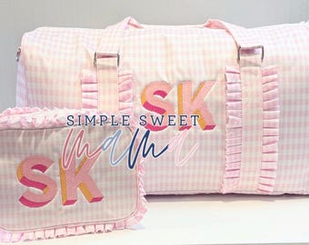 Pink Gingham Duffle Bag & Toiltrey Bag Set | Monogrammed Girls Travel Bag | Wipeable Luggage Set