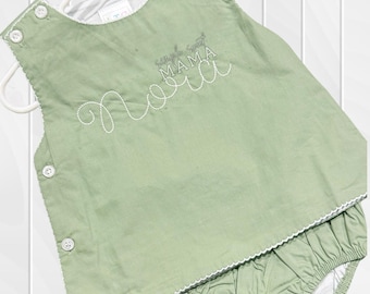 Sage Green Baby Bloomer Set, Personalized Heirloom Boutique Outfit, Cotton Diaper Set