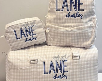 Personalized Kahki Gingham Bag Set | Monogram Backpack, Duffle & Everything Bag | Wipeable Kids Travel Luggage
