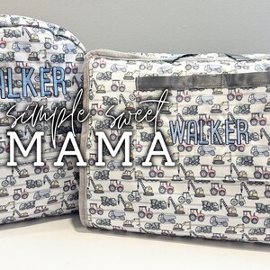 May include: A backpack and a matching bag feature a repeating pattern of construction vehicles in shades of gray, red, and yellow on a white background. The name "WALKER" is embroidered in blue. The text "simple sweet MAMA" is also visible.
