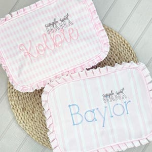 Personalized Ruffle Everything Bag | Pink Gingham & Pink Stripe Zipper Pouch | Custom Name Toiletry or Diaper Bag for Girls