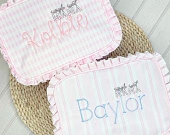 Personalized Ruffle Toiletry Bag | Pink Gingham, Stripe Zipper Pouch