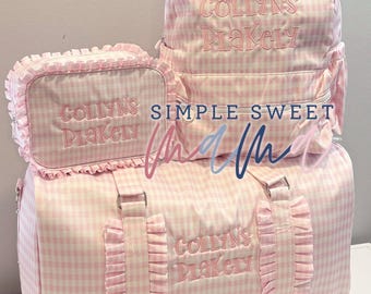 Personalized Pink Gingham Girls Travel Set | Ruffle Backpack, Duffle & Makeup Bag | Monogrammed Kids Luggage