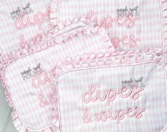 Pink Gingham Wipes & Dipes Bag | Embroidered Wipeable Baby Diaper Bag Pouch