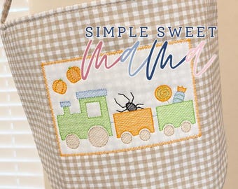Halloween Train Boo Basket | Embroidered Trick-or-Treat Bag | Pumpkin Choo Choo Halloween Bucket | Boy Khaki Gingham Bag