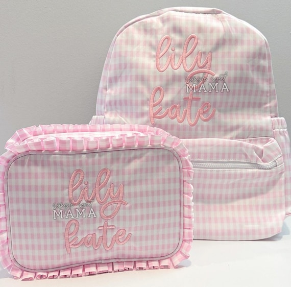 Monogrammed Wipeable Backpack - Southern Grandmillenial Style - Pink Gingham Bag Set