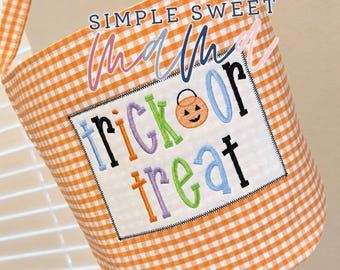 Personalized Halloween Bucket, Embroidered Trick or Treat Bag, Kids Gingham Candy Tote, Custom Halloween Basket