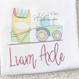 Back to School Crayon Tractor Monogram Embroidery T-shirt/Bubble/Romper