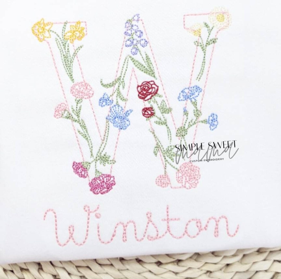 Pink Wildflower Monogram Embroidery T-shirt/bubble/romper - Etsy