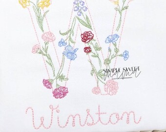 Pink Wildflower Monogram Embroidery T-shirt/bubble/romper - Etsy