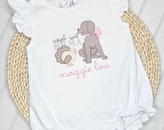 Girls Turkey Hunting Outfit | Puppy & Turkey Embroidery Romper