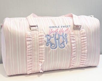 Girls Pink Stripe Duffle Bag | Personalized Overnight Bag for Kids | Monogrammed Travel Weekender