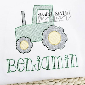May include: Green embroidered tractor with yellow wheels and the name Benjamin stitched below. The text "Simple Sweet Threads Custom Embroidery" is visible in the top right corner.