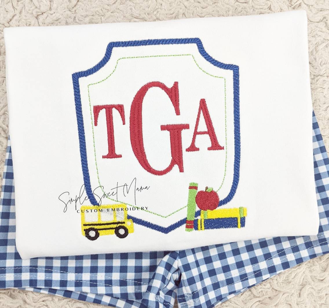 Back to School Crest Monogram Embroidery T-shirt/Bubble/Romper
