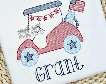 Patriotic Golf Cart Shirt | Boys 4th of July Embroidered Tee | Americana Summer Outfit