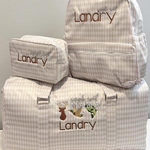 Khaki Gingham Kids Luggage Set - Wipeable Duffle, Backpack, Toiletry Bag - Wildlife Embroidery
