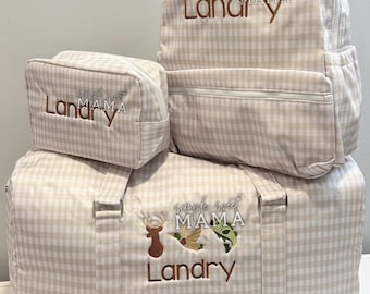 Khaki Gingham Kids Luggage Set - Wipeable Duffle, Backpack, Toiletry Bag - Wildlife Embroidery