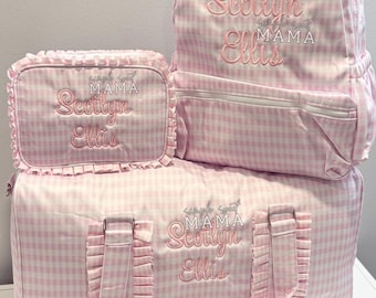 Personalized Pink Gingham Bag Set | Ruffle Duffle Bag | Wipeable Girls Travel Luggage | Monogram Backpack