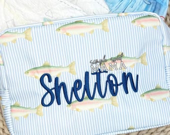 Monogram Fish Everything Bag | Wipable Diaper Pouch & Toiletry Bag | Travel Organizer with Embroiered Name