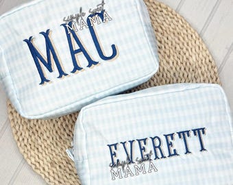 Personalized Blue Gingham Toiletry Pouch | Boys Monogram Zipper Bag | Diaper Bag Organizer for Baby Boy | Custom Name Toddler Travel Set