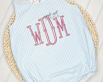 Personalized Blue Windowpane Baby Boy Bubble Romper | Red Monogram Cotton Sunsuit