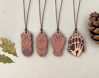 Totem Cord Necklace // Bear, Wolf, Eagle, Paw Handprint Wooden Charm Necklace, Totem Pendant, Nature Necklace, Paleolithic Necklace