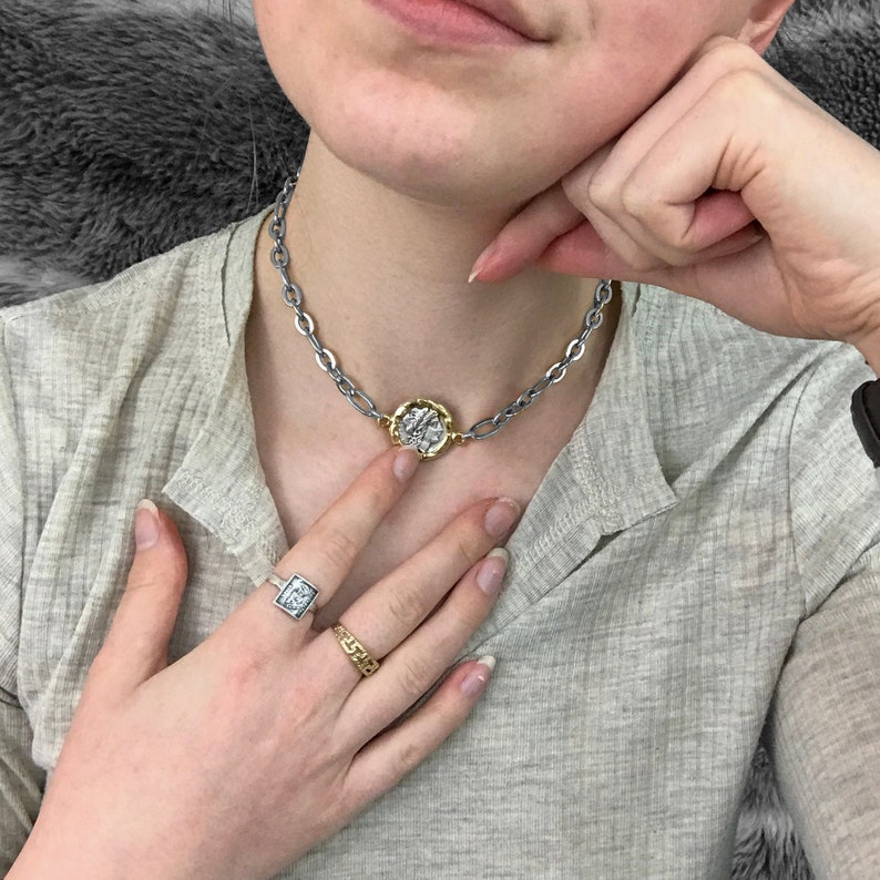 Medallion Necklace Gold Chain Necklace Ancient Greek Coin Replica Greek Coin Necklace Silver Stainless Steel Necklace