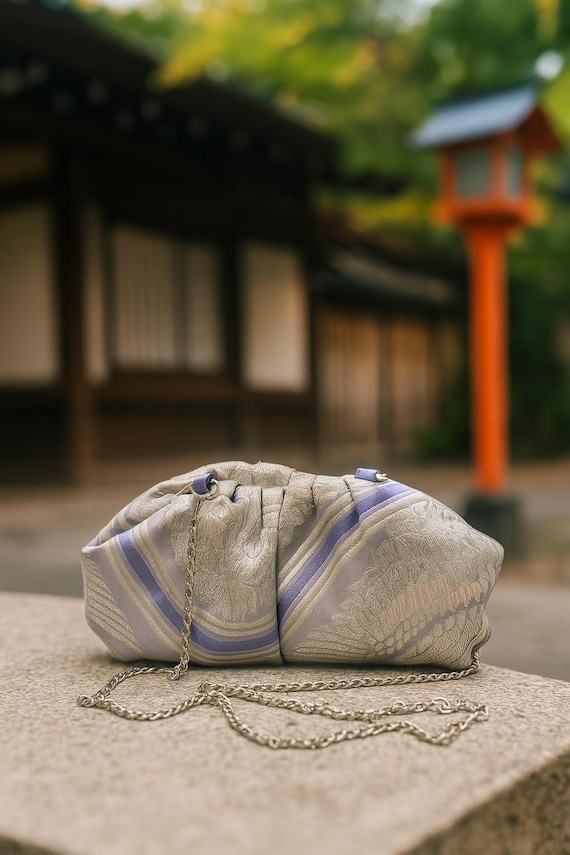 Elegant Silk Clutch with Crane Pattern – Purple, Silver and White – Upcycled Kimono Obi Bag for Weddings & Special Events