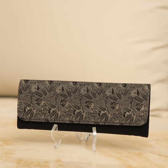 Black and Grey Recrafted Japanese Obi Clutch bag | Made from Vintage Japanese Kimono Obi | Annina Designs