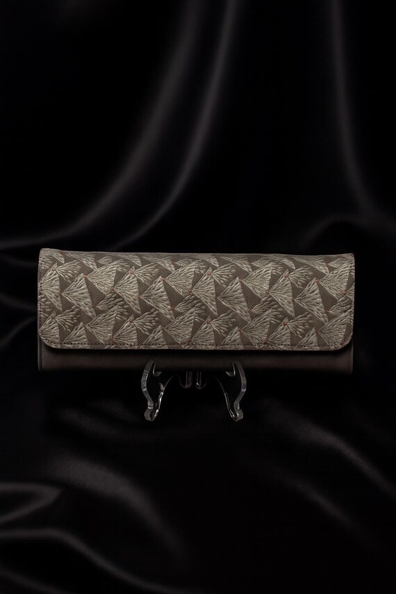 Handmade Evening Clutch from Vintage Japanese Kimono Obi – OUGI Fan Pattern – Gold Silk Lining – Neutral Gray Beige – Annina Designs