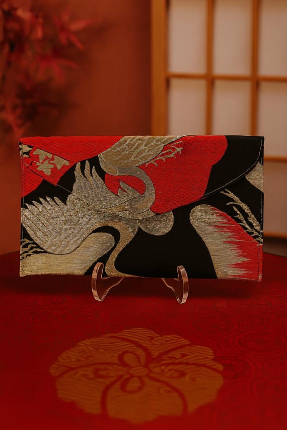 Eternal Elegance: Handcrafted Vintage Kimono Obi Clutch with Pine Tree and Crane Motifs, wedding clutch bag, gift idea