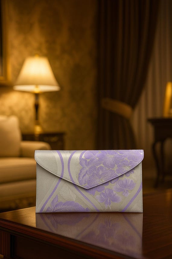 Handcrafted Vintage Japanese Fukuro Obi Envelope Clutch – Elegant Silver and Purple Clutch with Botan Pattern
