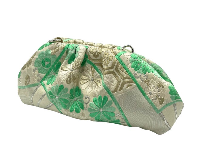 Featured listing image: Vintage Obi Clutch, Kiku Patterned Japanese Bag, Party Wedding Festival Shoulder Bag, green evening clutch bag