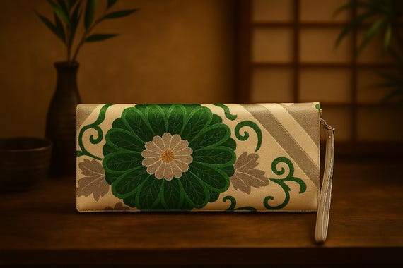 Handmade Kimono Clutch Bag – Vintage Obi Purse in White, Silver and Green with Silk Lining and Chain Strap