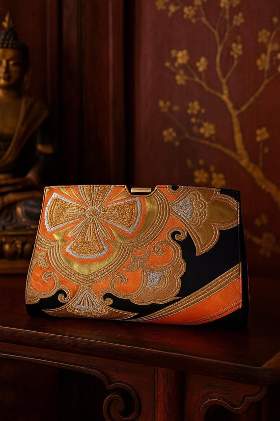 Gold Evening Clutch Bag Recrafted from Vintage Japanese Kimono Obi | Formal Handbag Pouch - Annina Designs