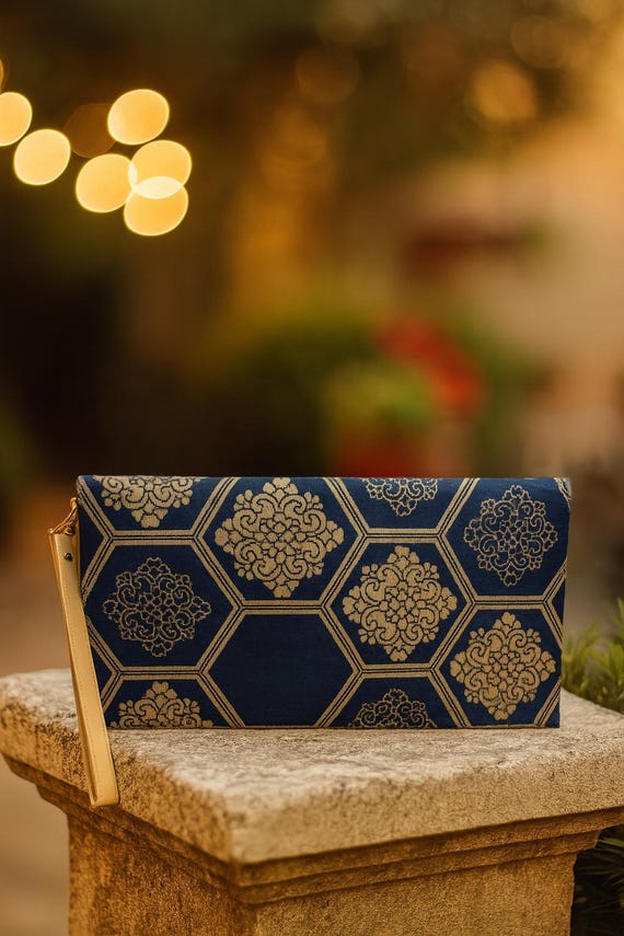 Kimono Clutch Navy Gold – Obi Silk Purse with Kikkou & Karakusa – Handmade Japanese Evening Bag – Wedding – Eco Gift – Annina Designs