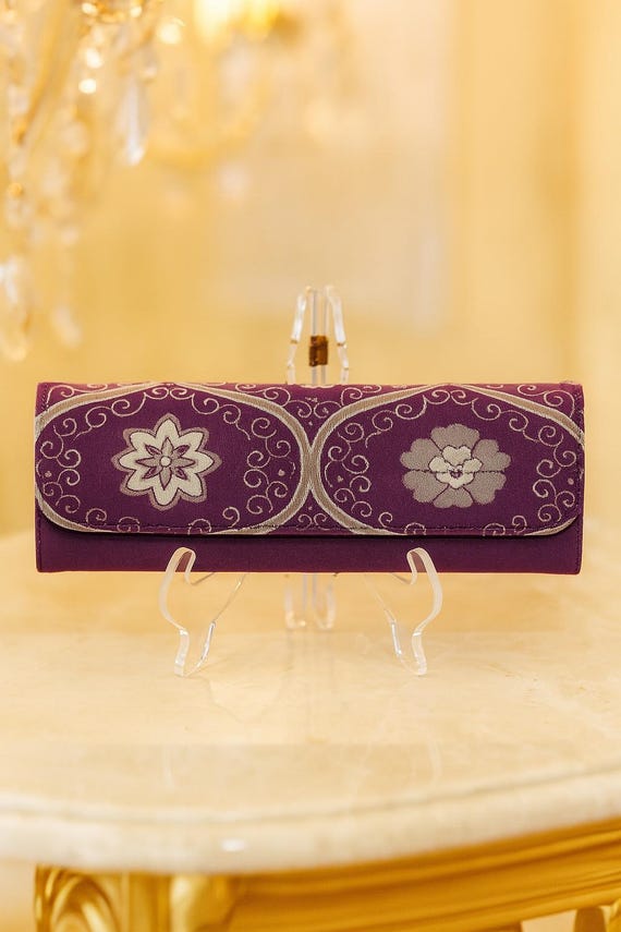 Handmade Clutch from Kimono Obi – BOTAN Peony & Arabesque Pattern – Gold Silk Lining – Evening Bag Burgundy Violet Silver – Annina Designs
