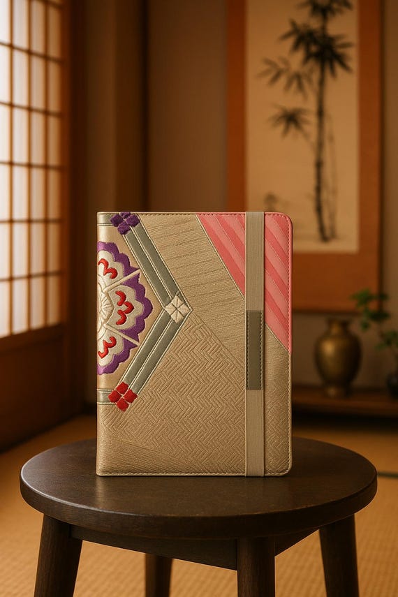 Luxury Japanese Obi iPad Cover – Silver, Beige and Pink | Kikkou, Kiku, Hanabishi & Sayagata