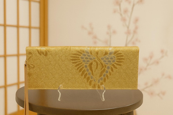 Gold Kimono Clutch Bag – Handmade Vintage Obi Purse | Evening Bag with Silver Accents & Gold Silk Lining | Japanese Wedding Bag Gift