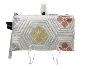 Handgemaakte bruids clutch | Vintage kimono-obi | Zilver, rood, blauw, geel | Duurzaam en uniek