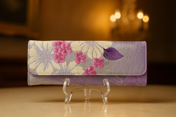 Handcrafted TSUBAKI Evening Bag - Vintage Kimono Belt, Camellia Blossom Pattern, Purple White, Detachable Silver Chain, Sustainable Luxury