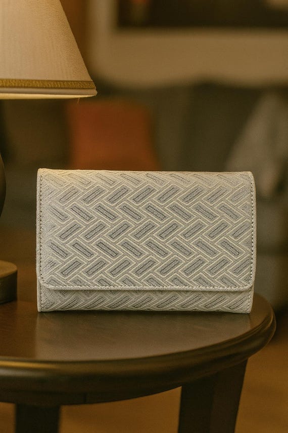 Silver White Satin SAYAGATA Pattern Vintage Kimono Obi Clutch Bags for Wedding | AnninaDesigns