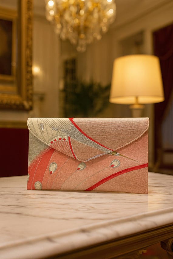 pink evening clutch bag upcycled from Vintage Japanese Kimono Obi, wedding clutch bag, dinner purse, envelope clutch bag