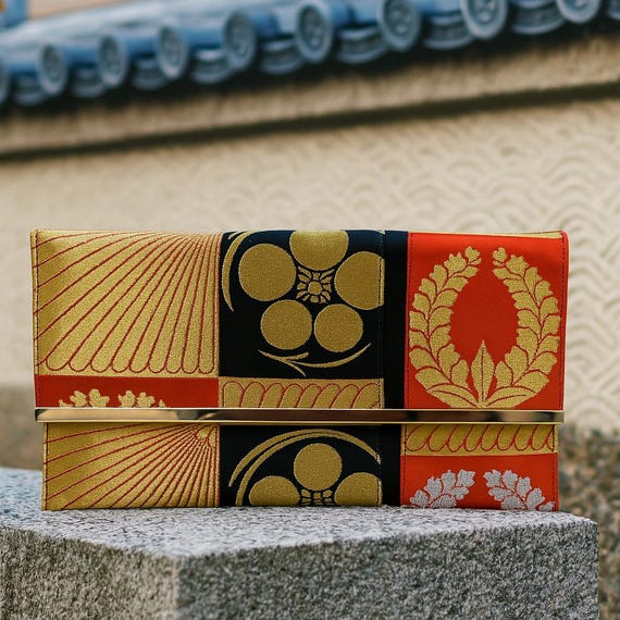 Japanese Motif Fusion Clutch - Vintage Elegance with FUJI, NICHI, HANAMON