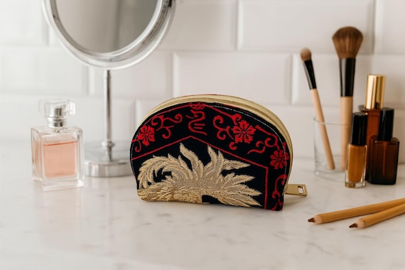 FUSHICHOU: Phoenix-Inspired Beauty - Vintage Elegance in Black, Gold, and Red, Makeup Bags Floral, Obi Cosmetic Pouch, Japanese Kimono