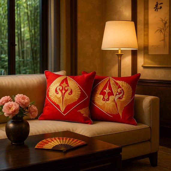 Set of 2 Japanese cushion covers with Vibrant Red and Gold | Handmade Kimono Obi Pillow Covers with Matsu (Pine) and Tsuru (Crane) Patterns