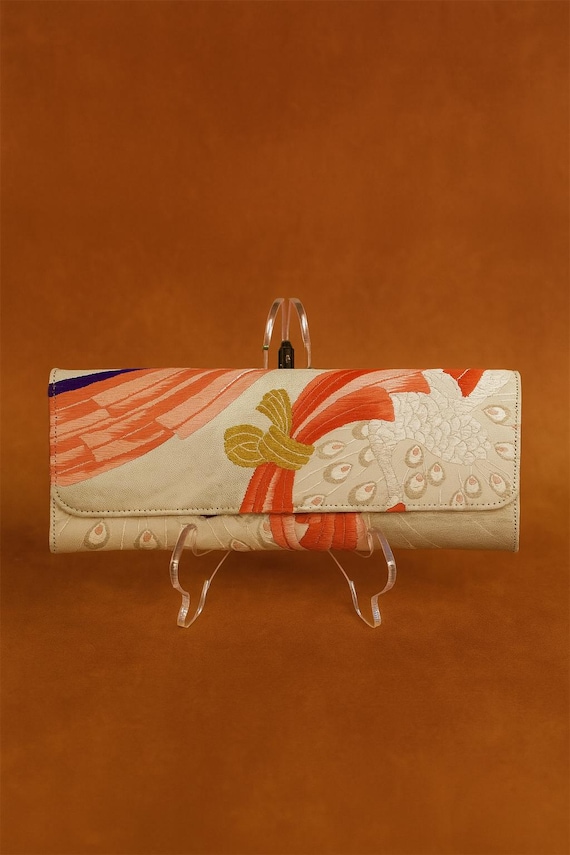 Japanese Vintage Kimono Evening Bag with Peacock Pattern - Elegant Handcrafted Clutch for Special Occasions | Silk Lined, Detachable Chain