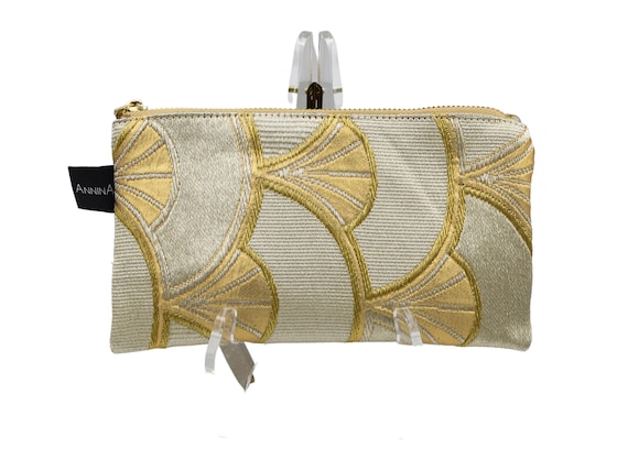 Handmade Obi Wristlet | Japanese Kimono Silk | Gold Mini Clutch with Seigaiha Pattern